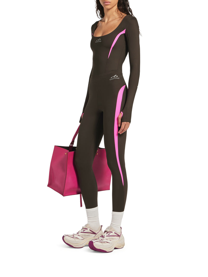 TECHWEAR LEGGINGS IN TECHNICAL FABRIC KHAKI BROWN AND FLUORESCENT PINK