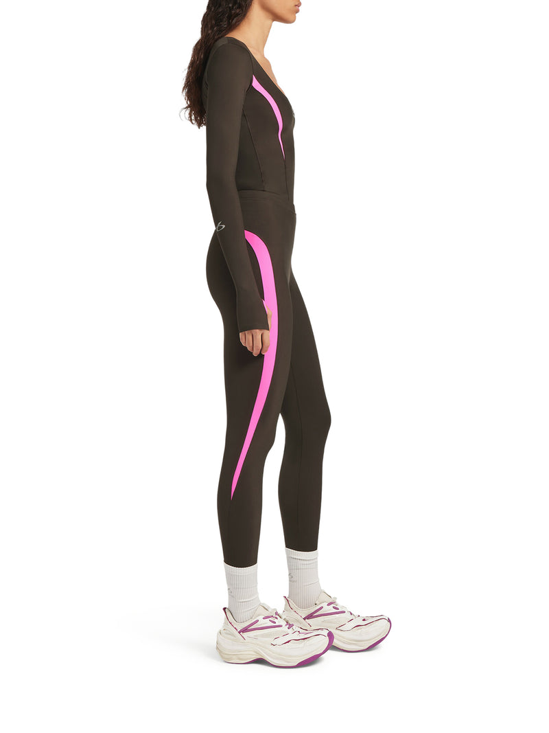 TECHWEAR LEGGINGS IN TECHNICAL FABRIC KHAKI BROWN AND FLUORESCENT PINK