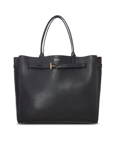 BLACK LEATHER TOTE BAG WITH T DETAIL