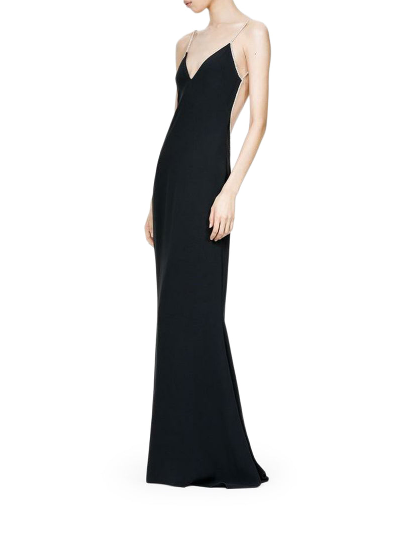 SATIN EVENING DRESS WITH CRYSTAL CHAIN ??EMBROIDERY AND OPEN BACK