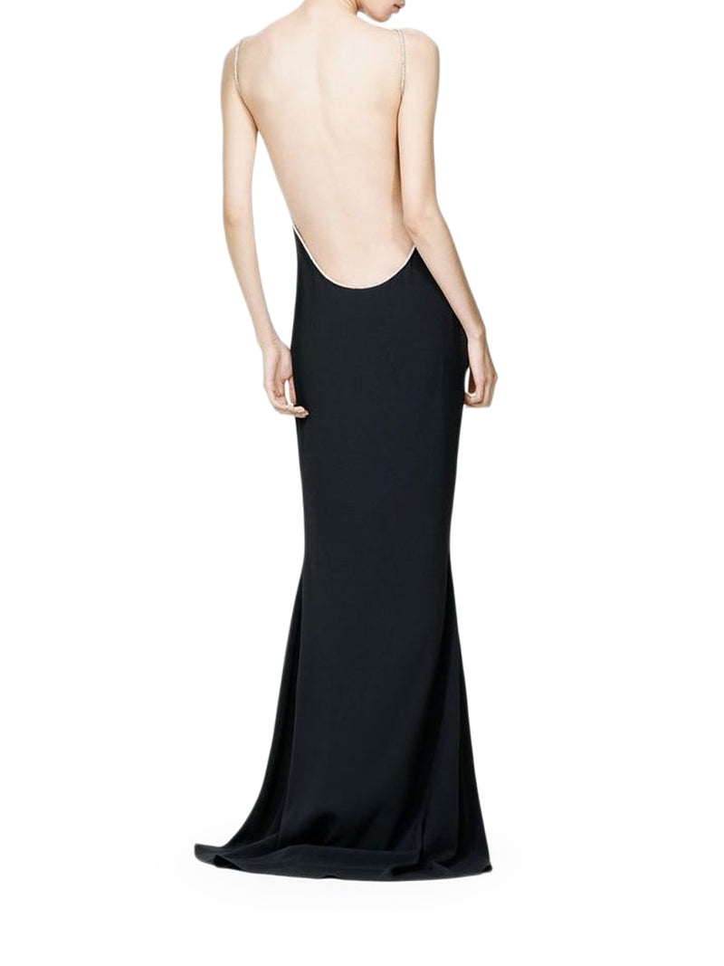 SATIN EVENING DRESS WITH CRYSTAL CHAIN ??EMBROIDERY AND OPEN BACK