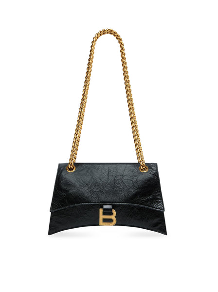 Borsa Crush Piccola With Catena in pelle di vitello crush black with antique gold finish