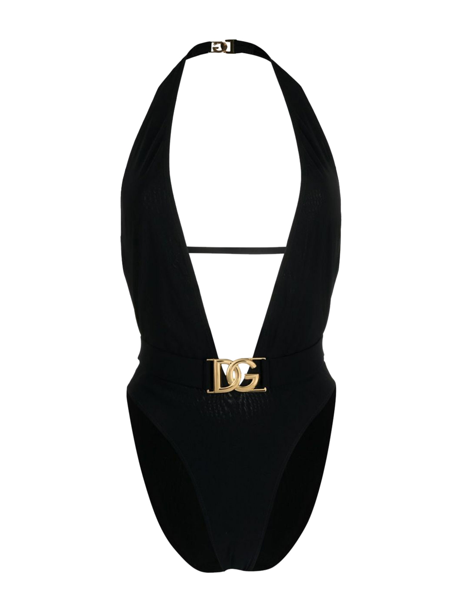 One-piece swimsuit with logo plaque