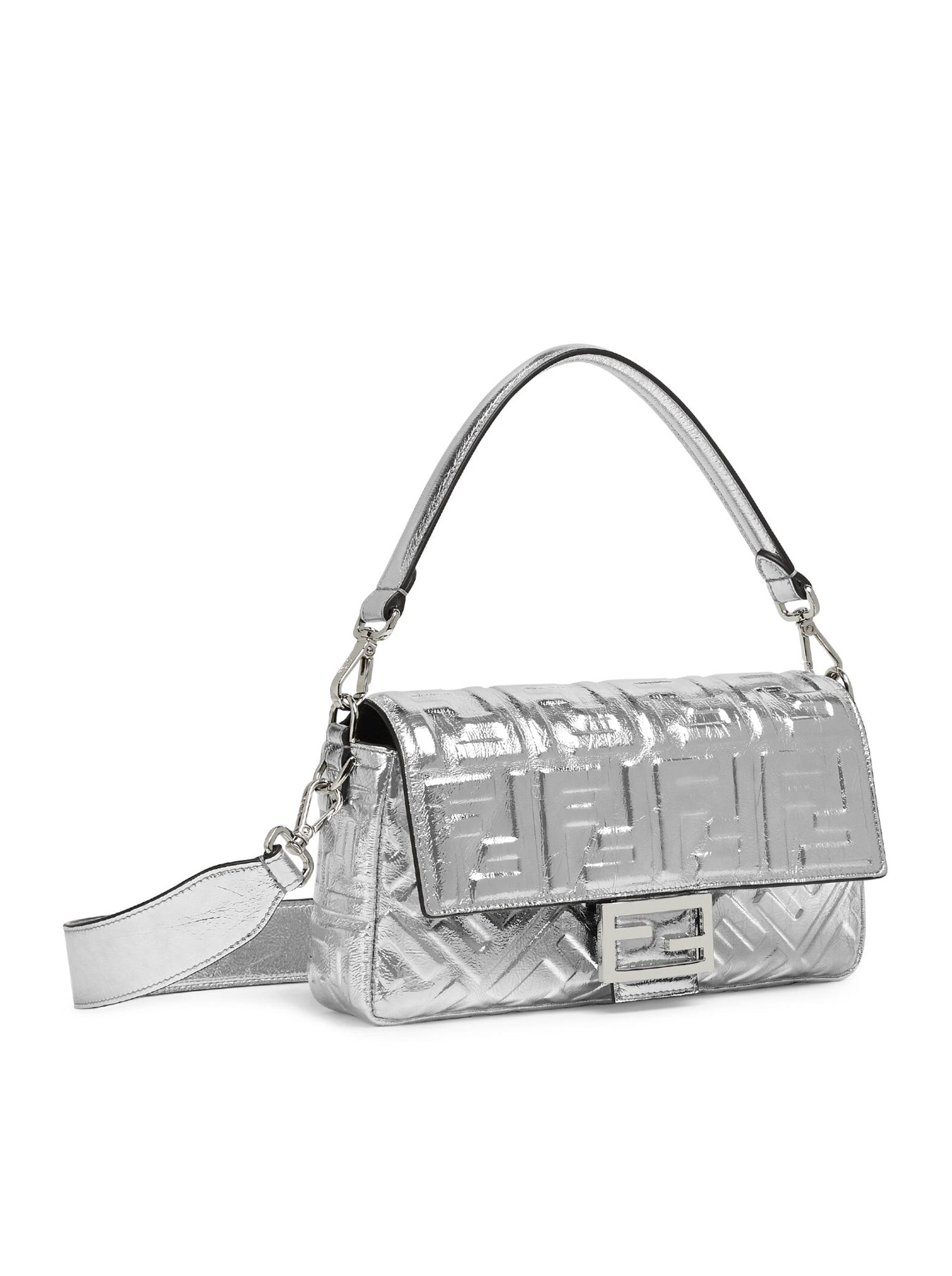 Baguette in cracked silver leather with FF motif