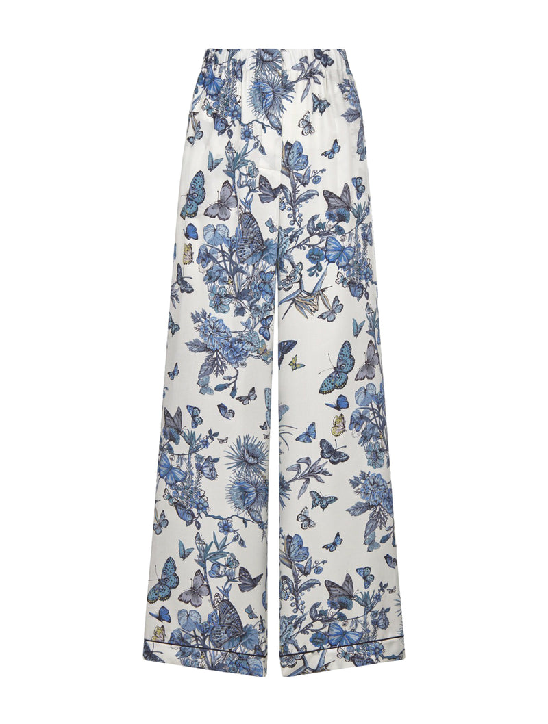 trousers in white and pastel midnight blue Toile de Jouy Mexico silk twill