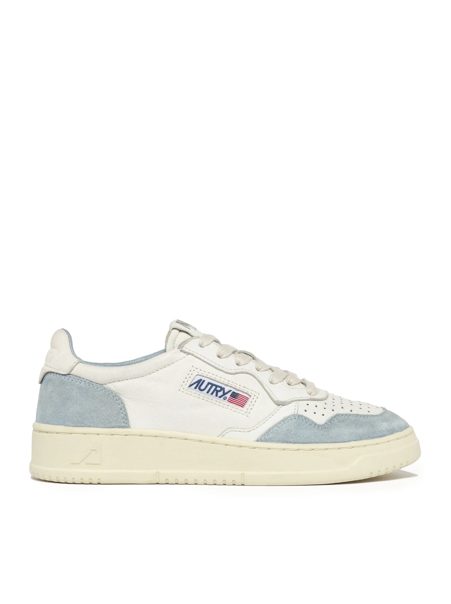 MEDALIST LOW SNEAKERS IN WHITE GOAT LEATHER AND LIGHT BLUE SUEDE