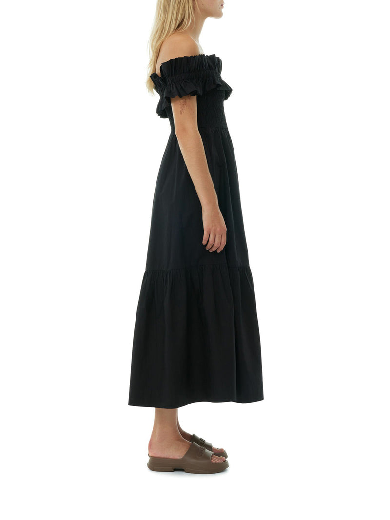 BLACK COTTON POPLIN LONG SMOCK DRESS